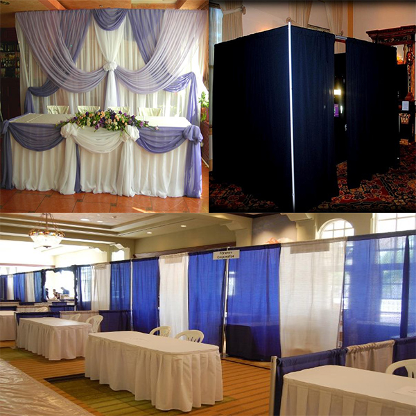 pipe and drape wedding, trade show, photo booth